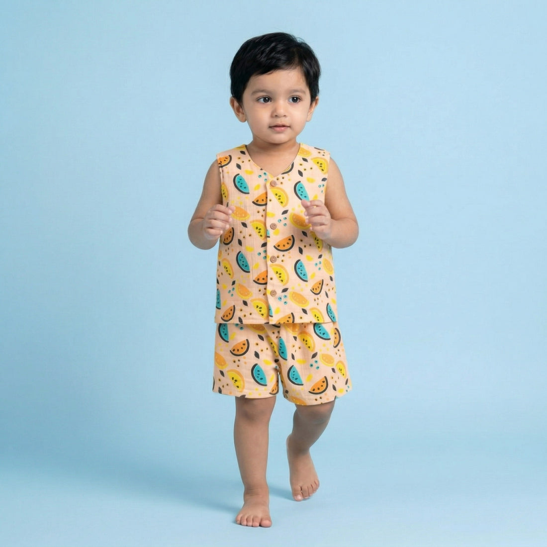 Vibrant Lemons Muslin Jhabla Top with Shorts