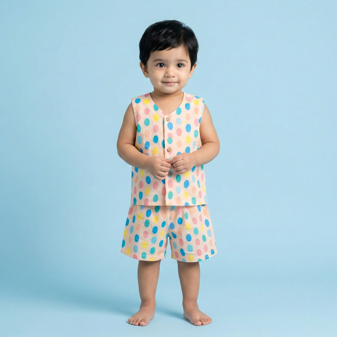 Colorful Polka Muslin Jhabla Top with Shorts