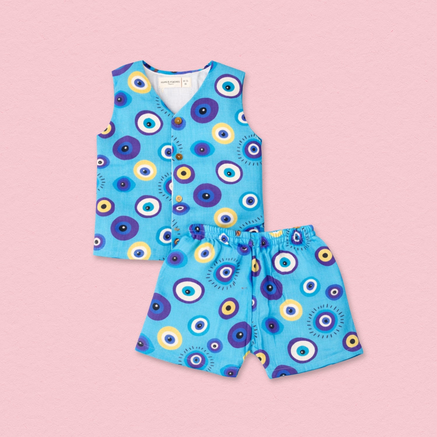 Blue Evil Eye Muslin Jhabla Top with Shorts
