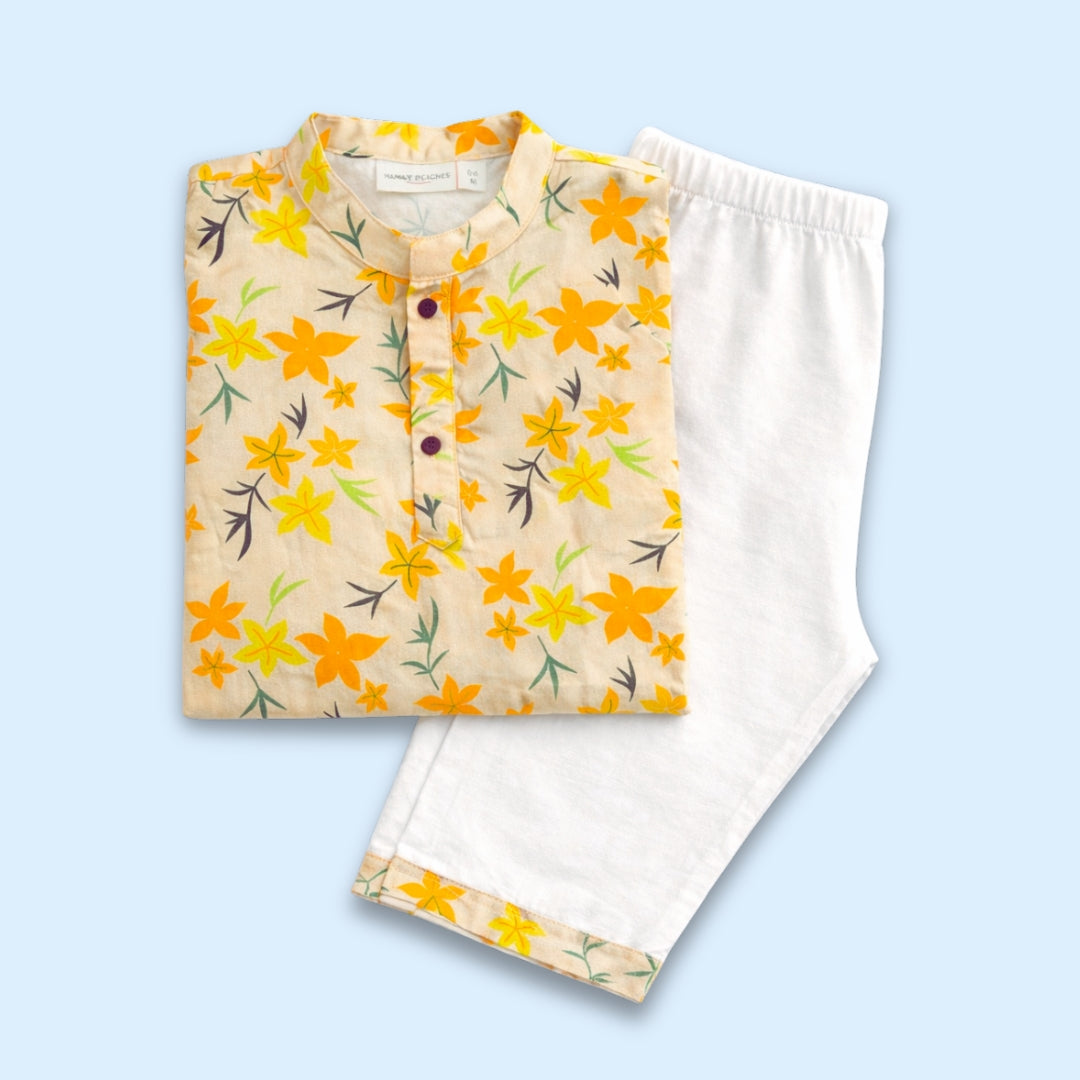 Summer Orange Floral Cotton Kurta Set