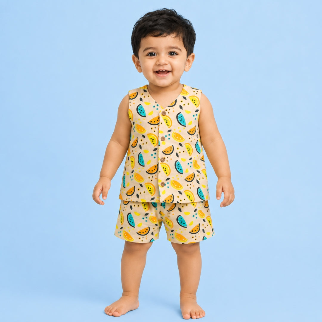 Vibrant Lemons Muslin Jhabla Top with Shorts