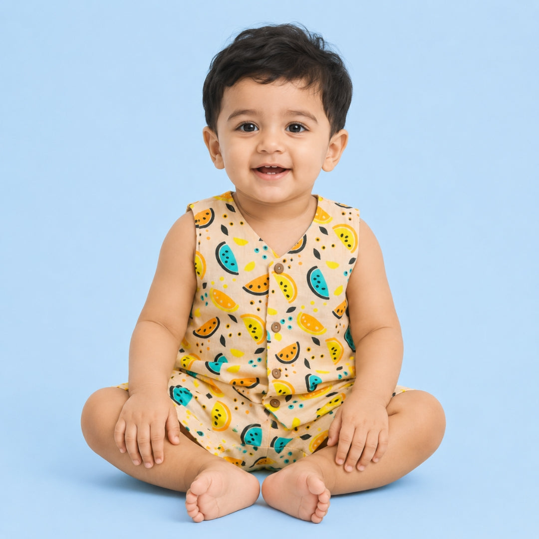 Vibrant Lemons Muslin Jhabla Top with Shorts