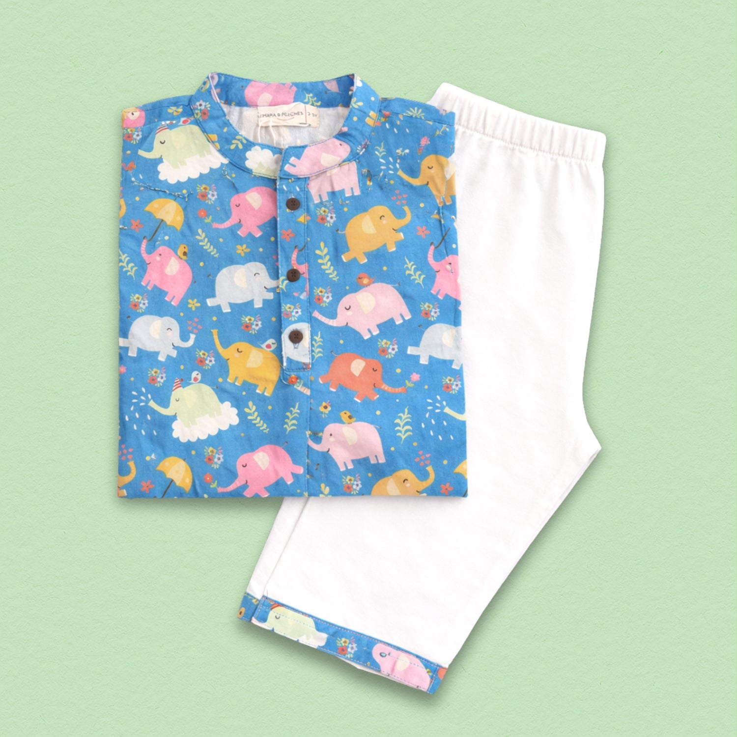 Dancing Elephants Blue  Kurta Set