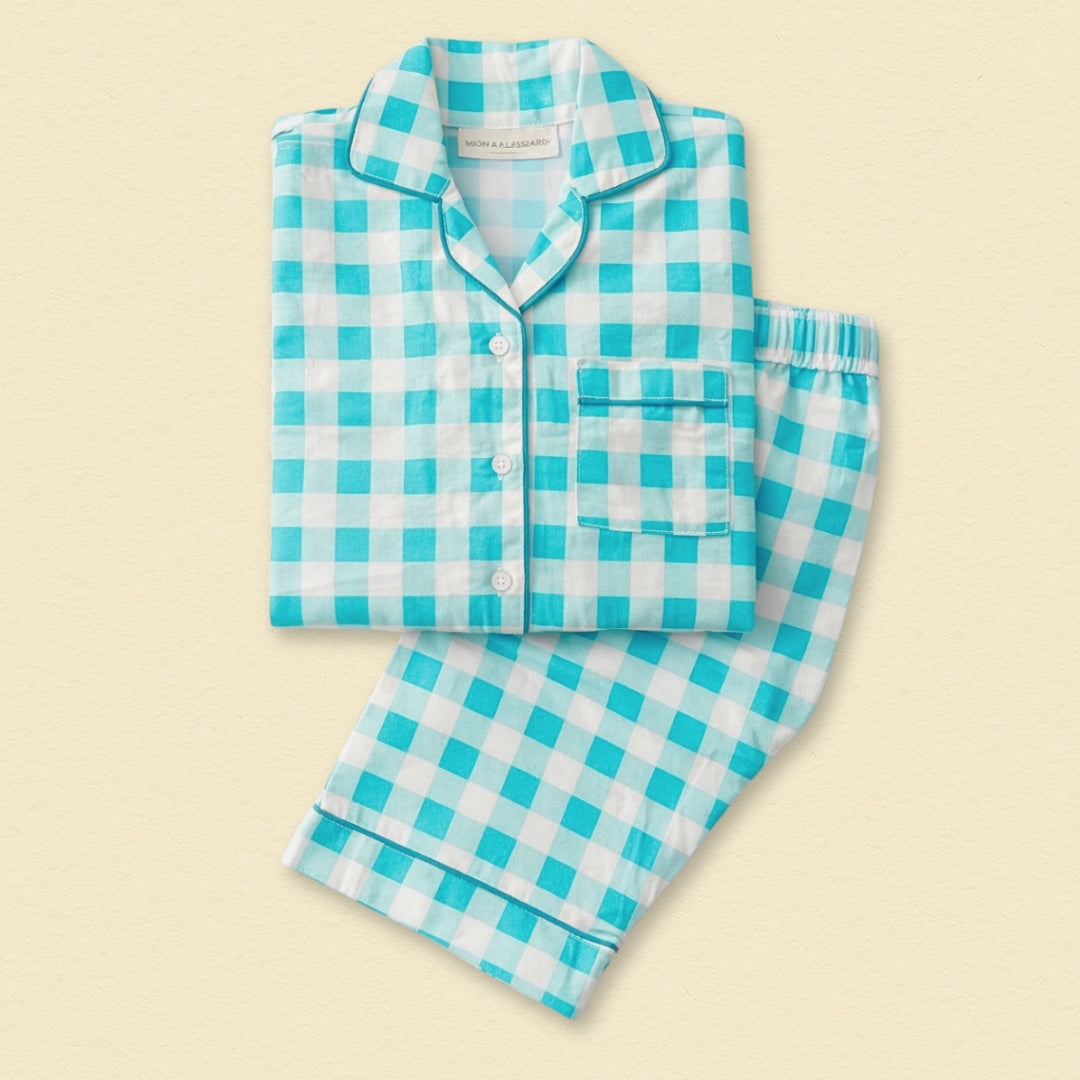 Blue Gingham Full Sleeves Night Suit for women, featuring a classic checkered pattern and comfortable full-length sleeves.