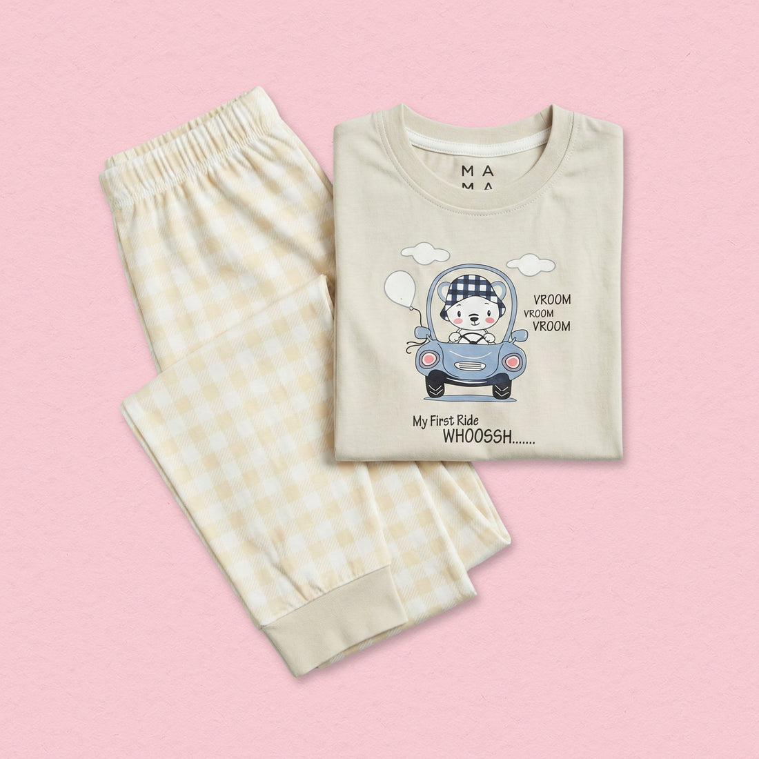 Beige Car Cotton Pyjama Set