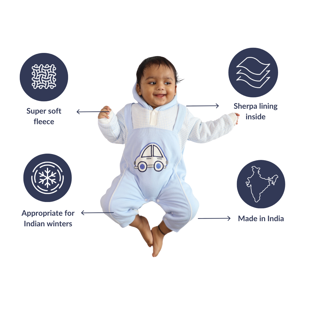 Blue car fleece romper with Sherpa