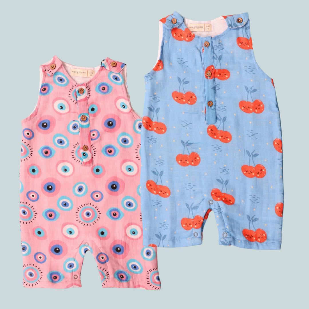 100% Cotton Muslin Rompers 2pc Combo - Cheeryful &amp; Pink Evil Eye