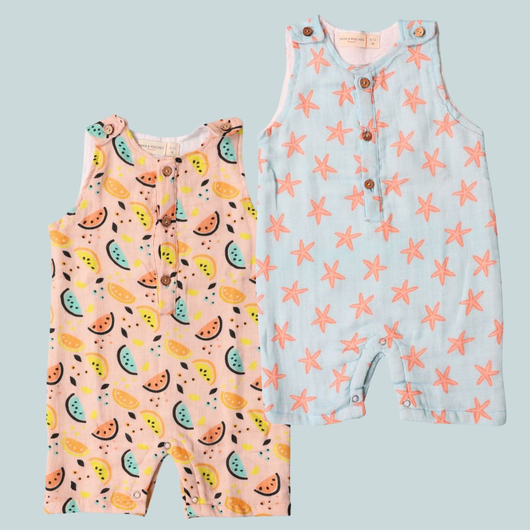 Muslin Rompers 2pc Combo - Coral &amp; Vibrant Lemons