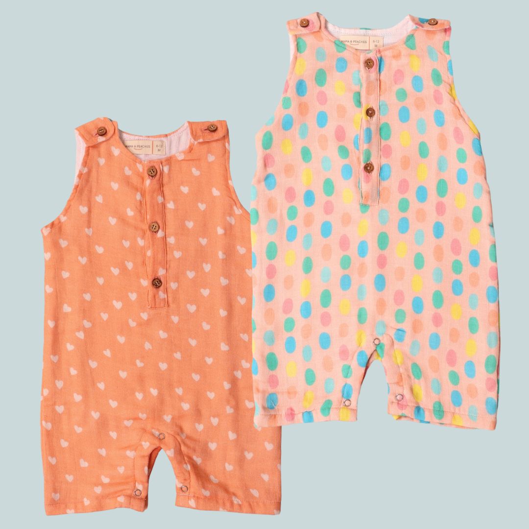 Muslin Rompers 2pc Combo - Hearts &amp; Polka Dots