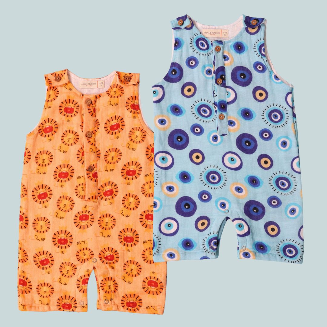 100% Cotton Muslin Rompers 2pc Combo - Lion &amp; Blue Evil Eye