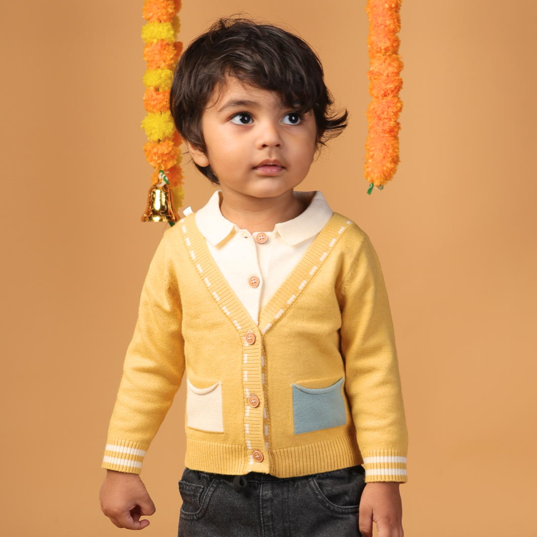 Colourblock Pocket knitted Cardigan - Yellow