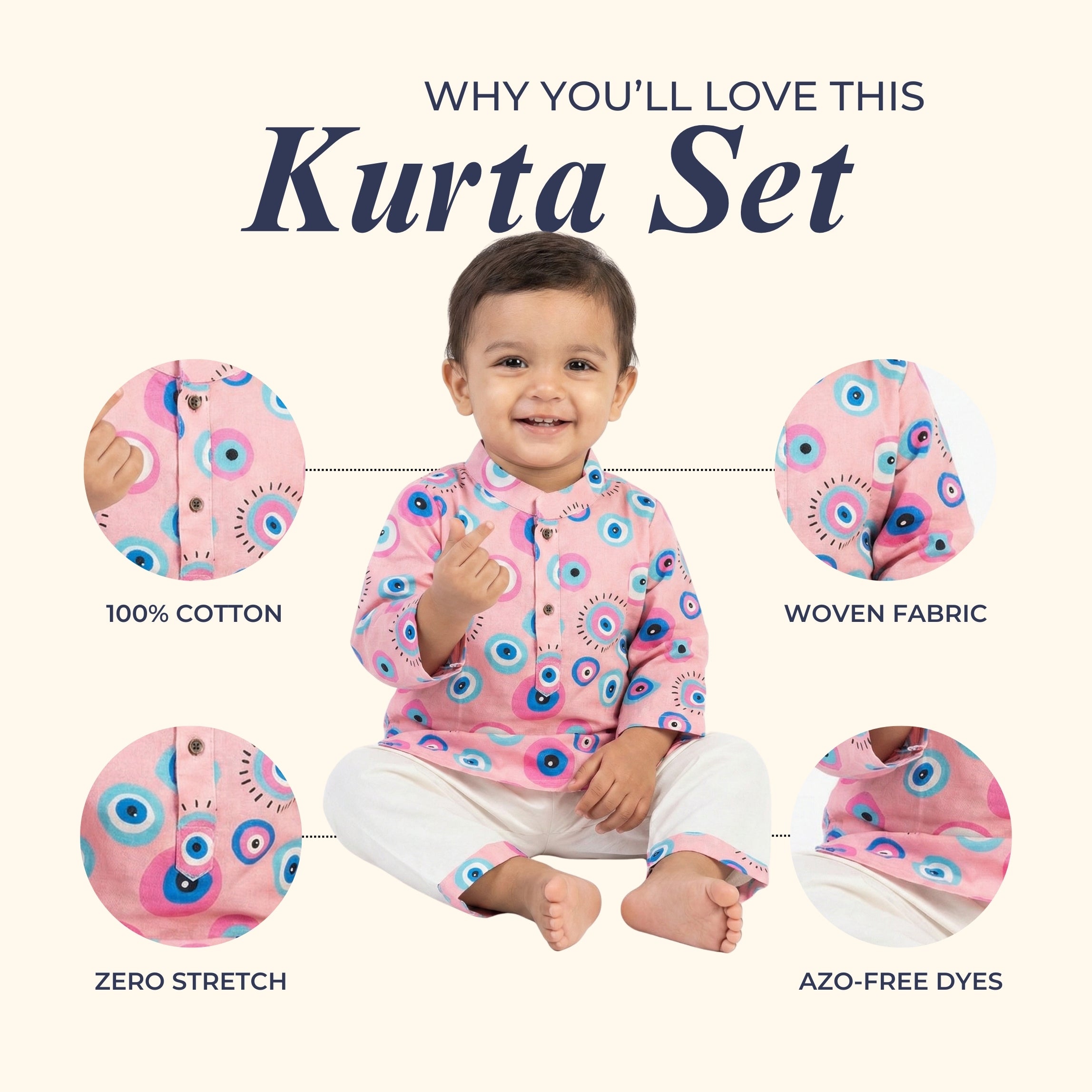 Pink Evil Eye Cotton Kurta Set