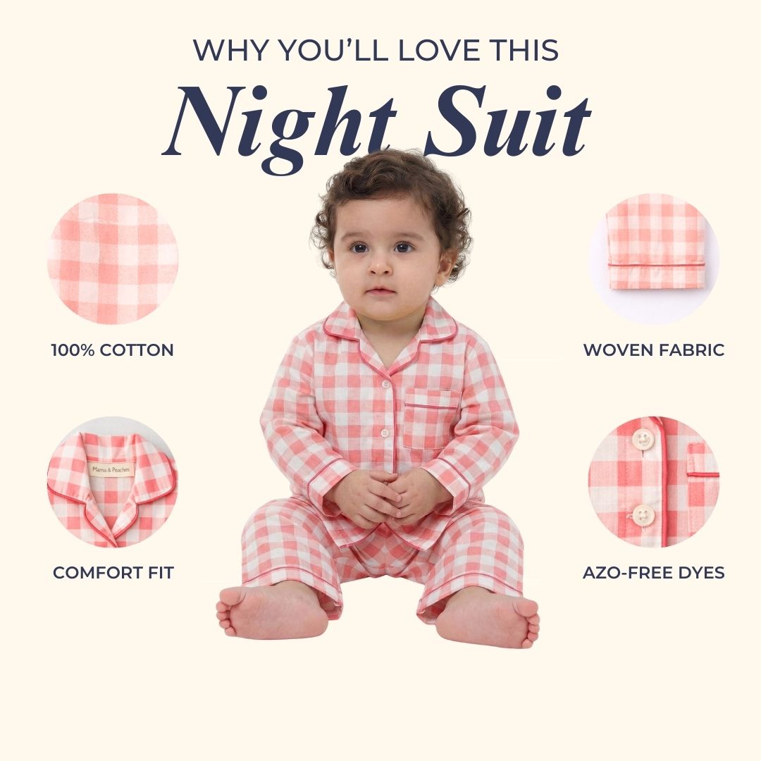 Pink Gingham Full Sleeves Night Suit