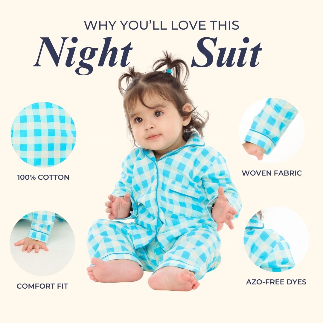 Blue Gingham Full Sleeves Night Suit