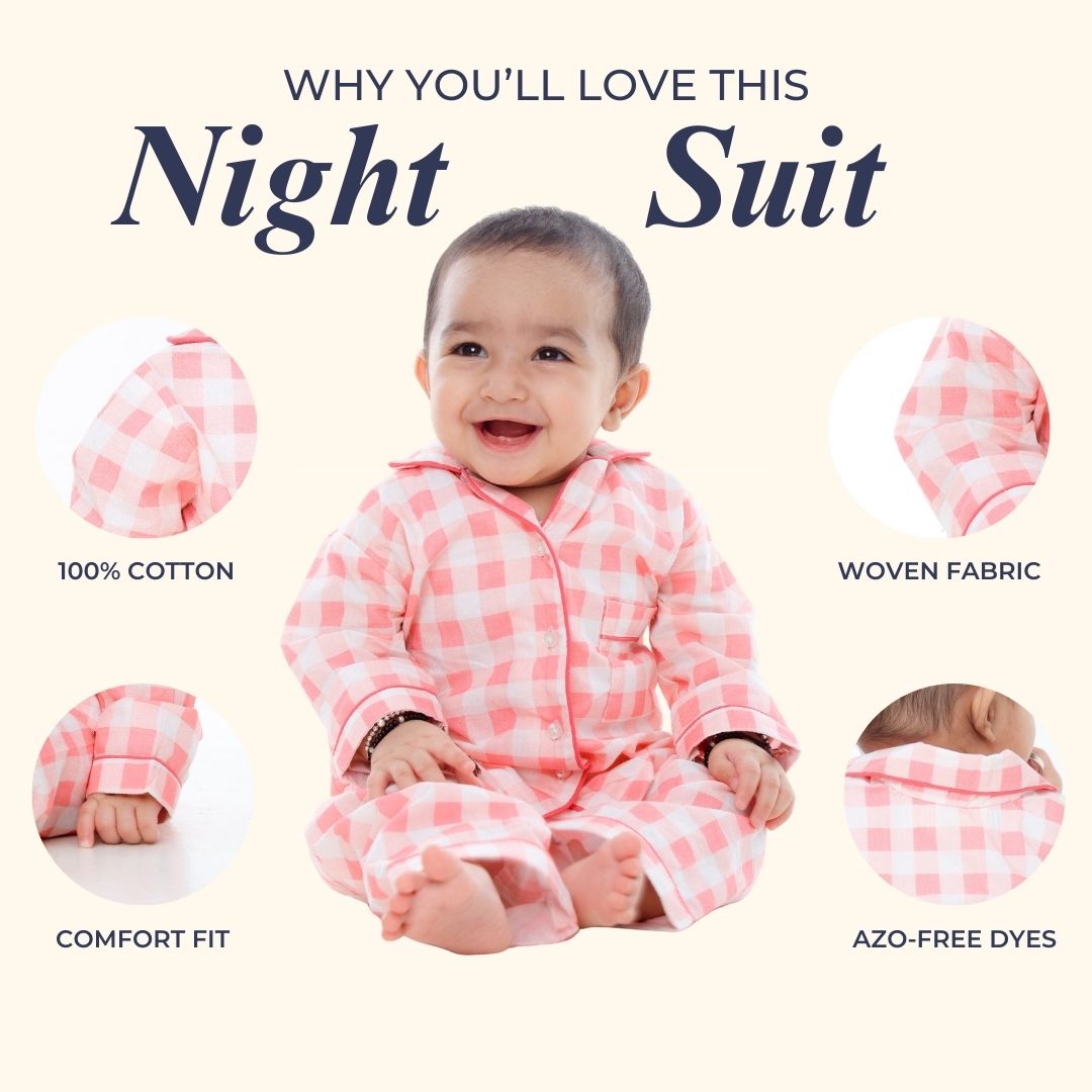 Pink Gingham Full Sleeves Night Suit