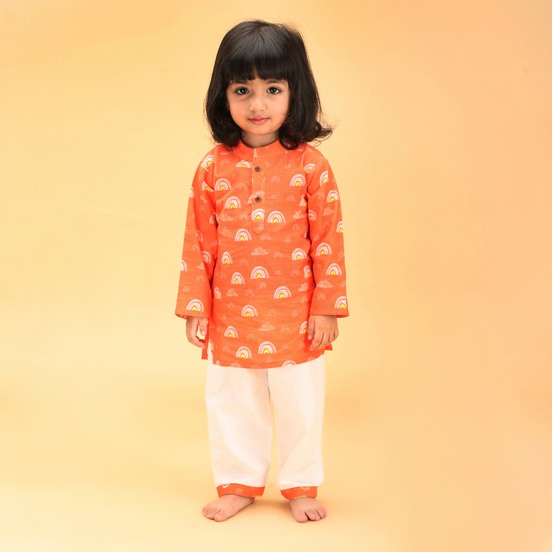 100% Cotton Kurta Set, Orange Rainbows