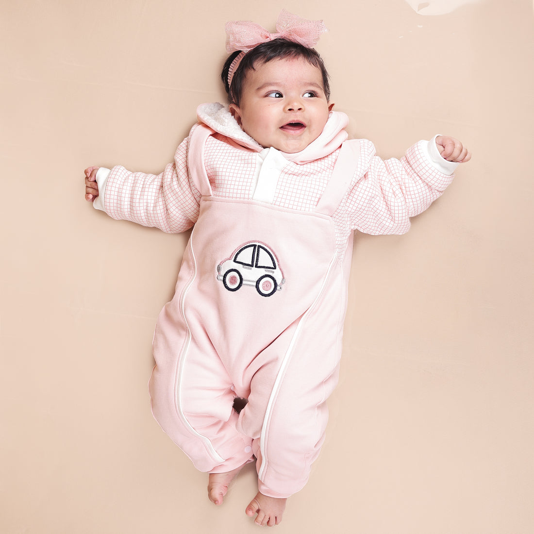 Pink Car Fleece Winter Romper with Sherpa