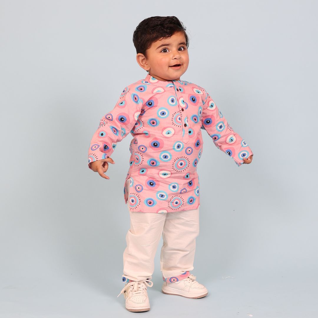 100% Cotton Kurta Set, Pink Evil Eye