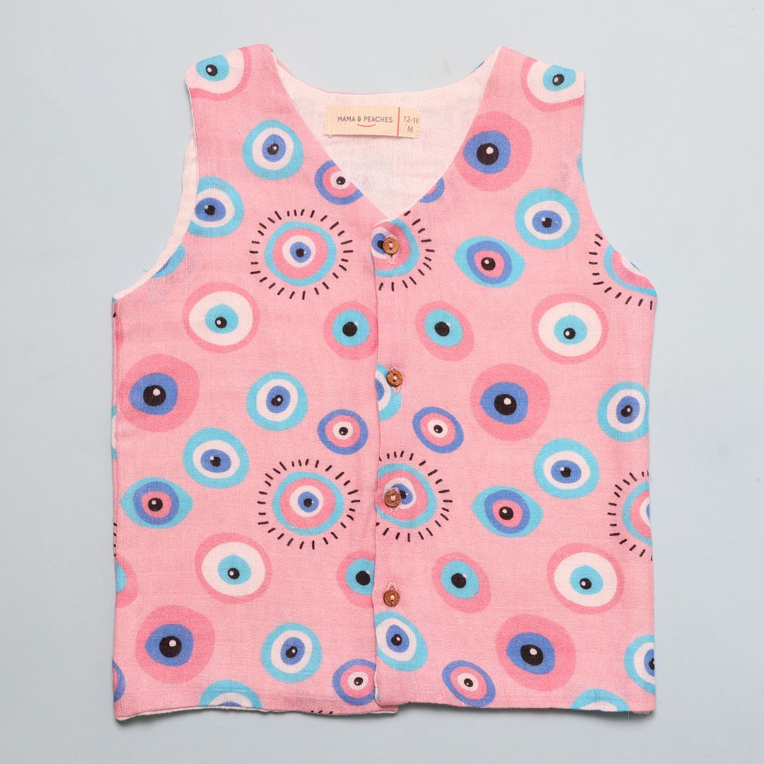 Muslin Vest 3pc Combo - Blue Evil Eye, Pink Evil Eye &amp; Colourful Polka