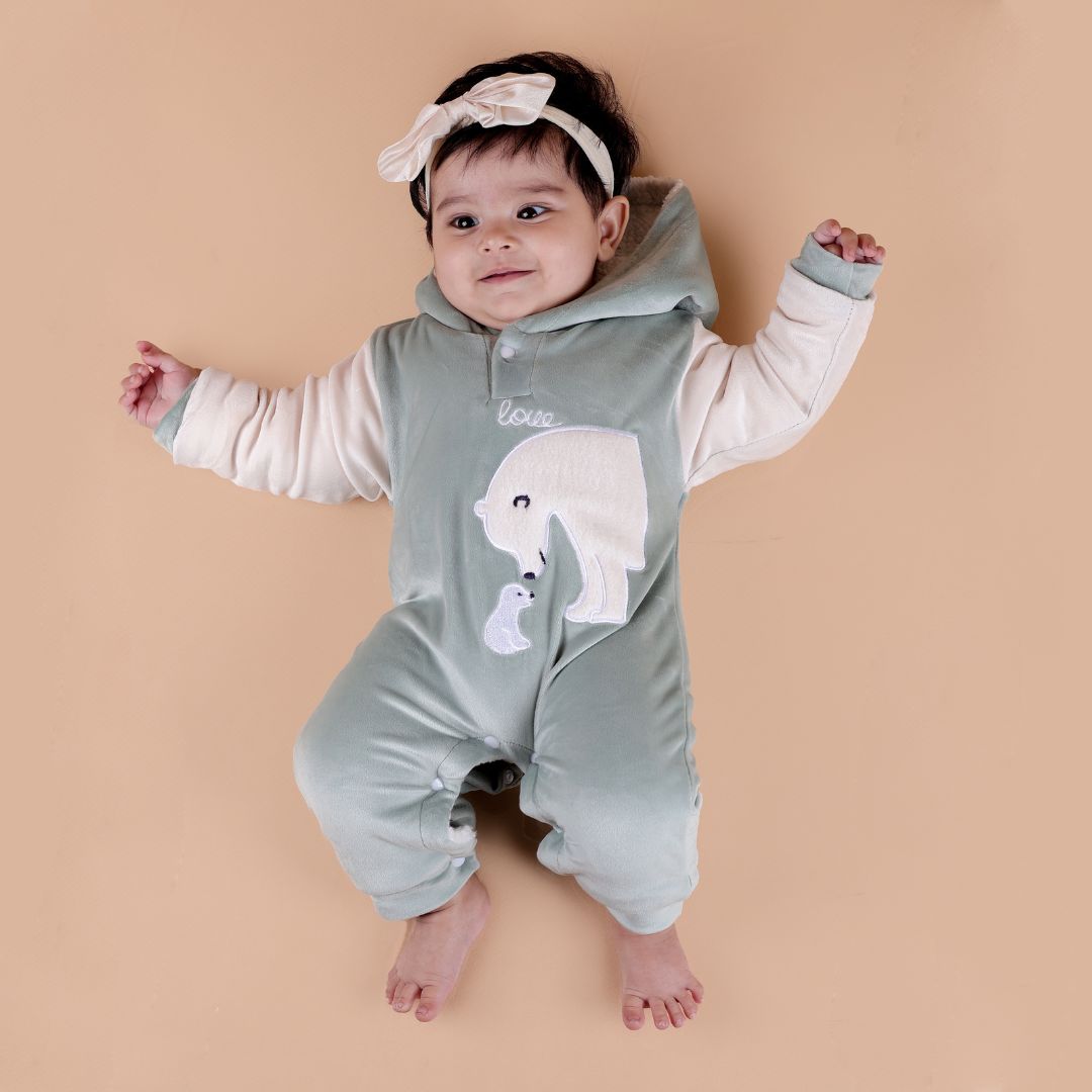 Polar Bear Velvet Romper with Sherpa - Mint