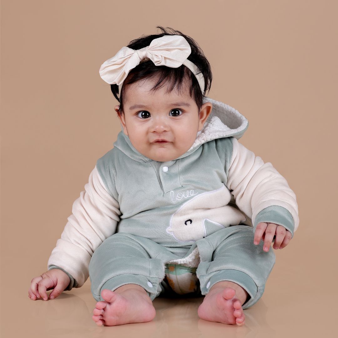 Polar Bear Velvet Romper with Sherpa - Mint