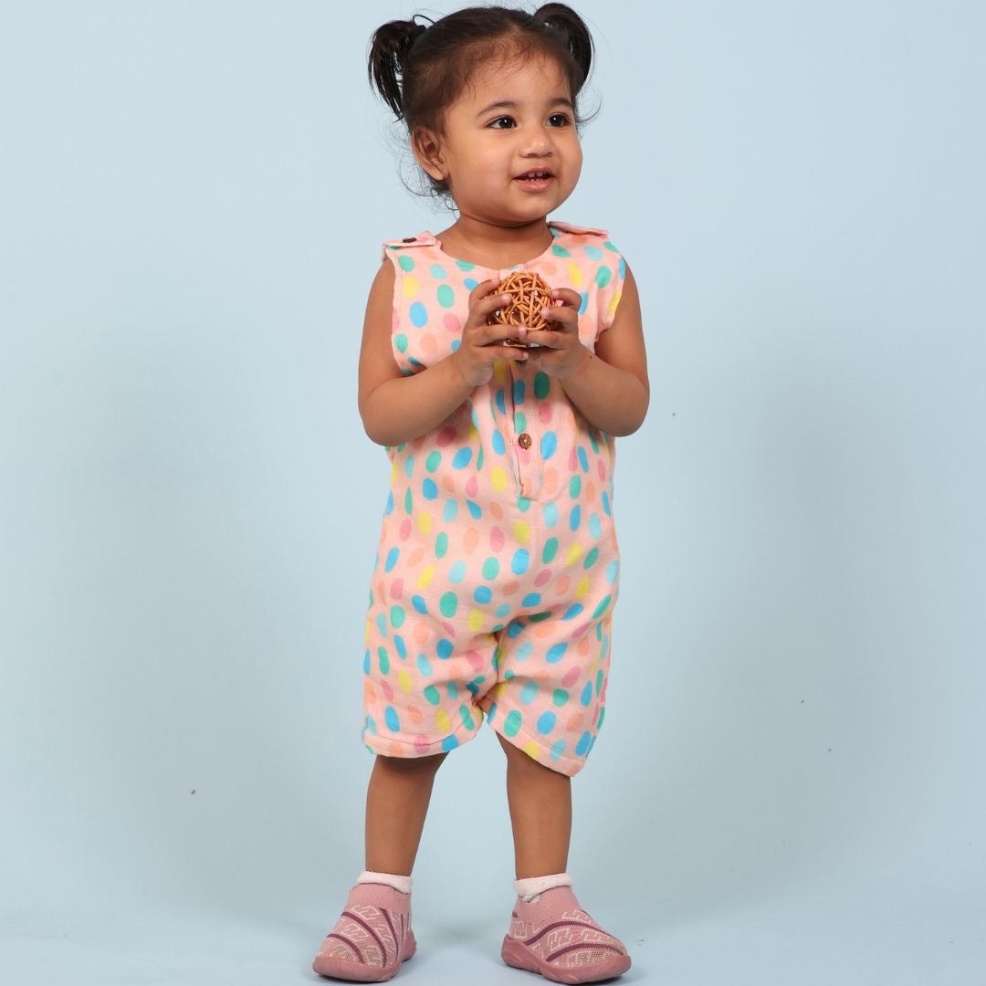 100% Cotton Muslin Double Layer Romper, Colorful Polka