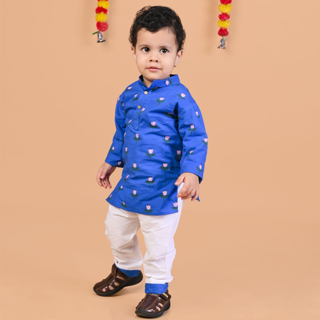 100% Cotton Kurta Set, Pretty Flower Royal Blue