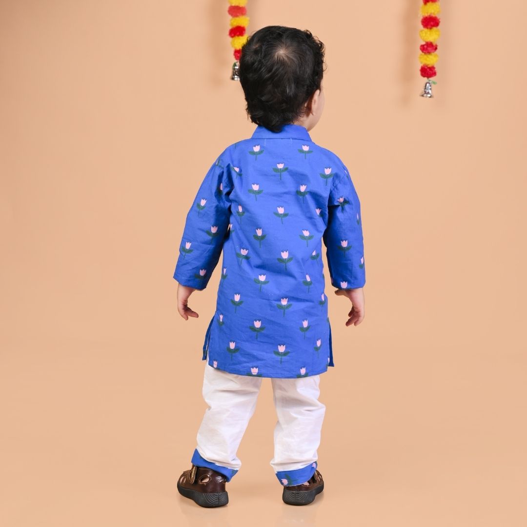 Pretty Flower Royal Blue Cotton Kurta Set