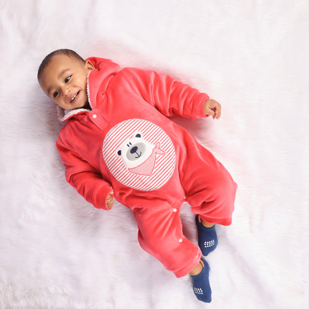 Red Bear Velvet Winter Romper with Sherpa