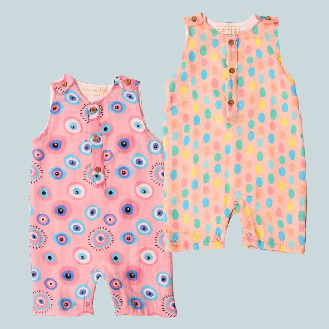 100% Cotton Muslin Rompers 2pc Combo - Colorful Polka &amp; Pink Evil Eye