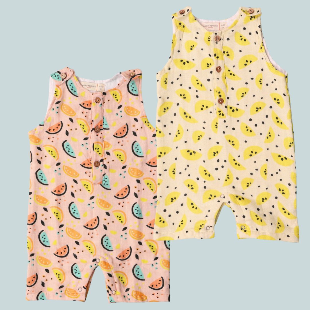 100% Cotton Muslin Rompers 2pc Combo - Yellow Lemons &amp; Vibrant Lemons