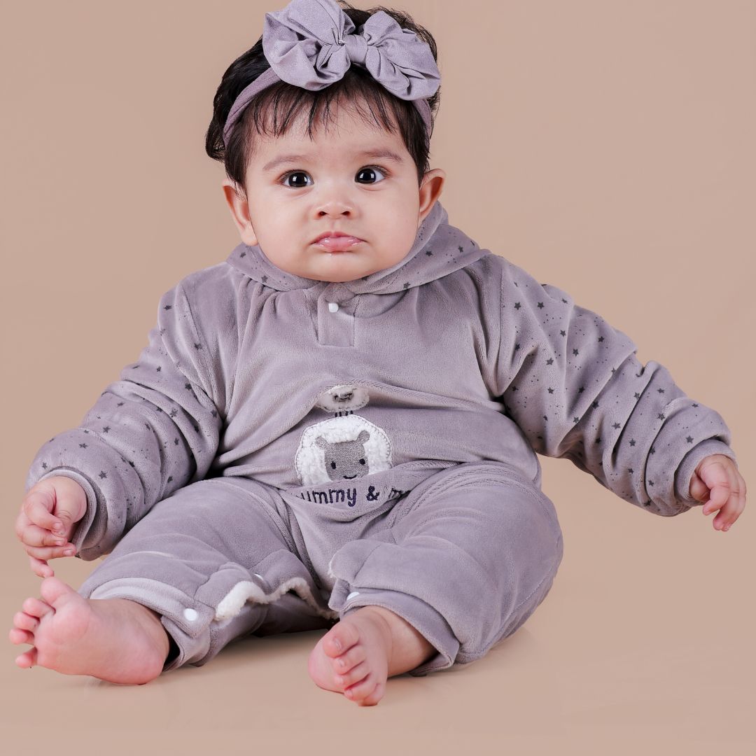 Sheep Velvet Romper with Sherpa - Grey