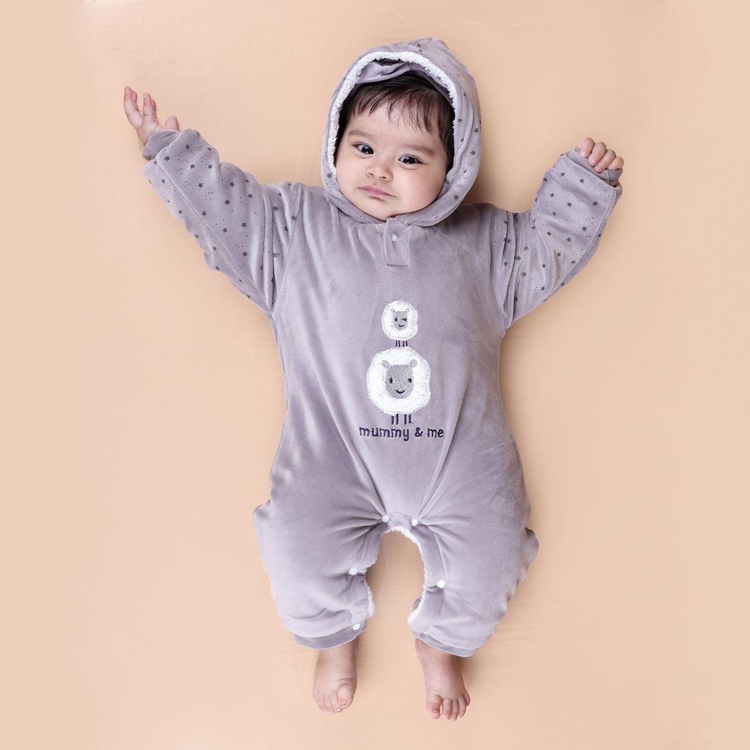 Sheep Velvet Romper with Sherpa - Grey