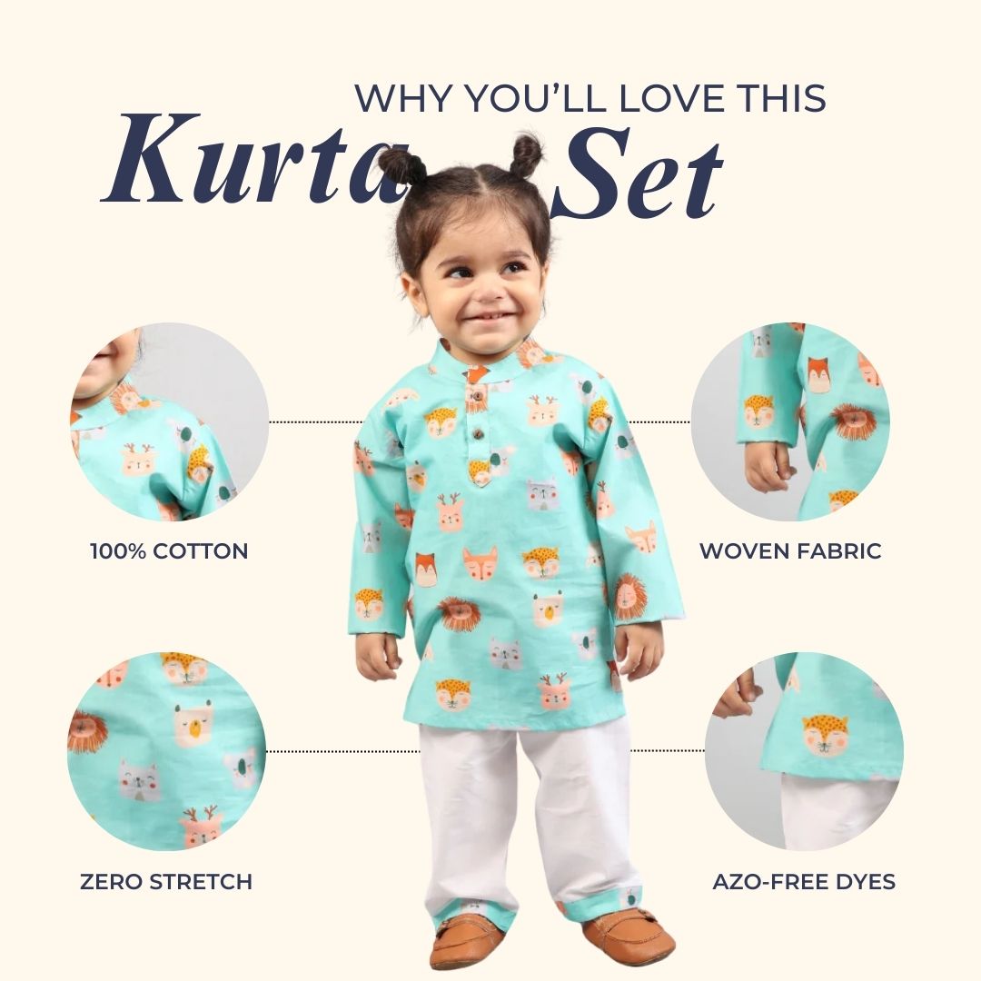 100% Cotton Kurta Set, Shy Animals