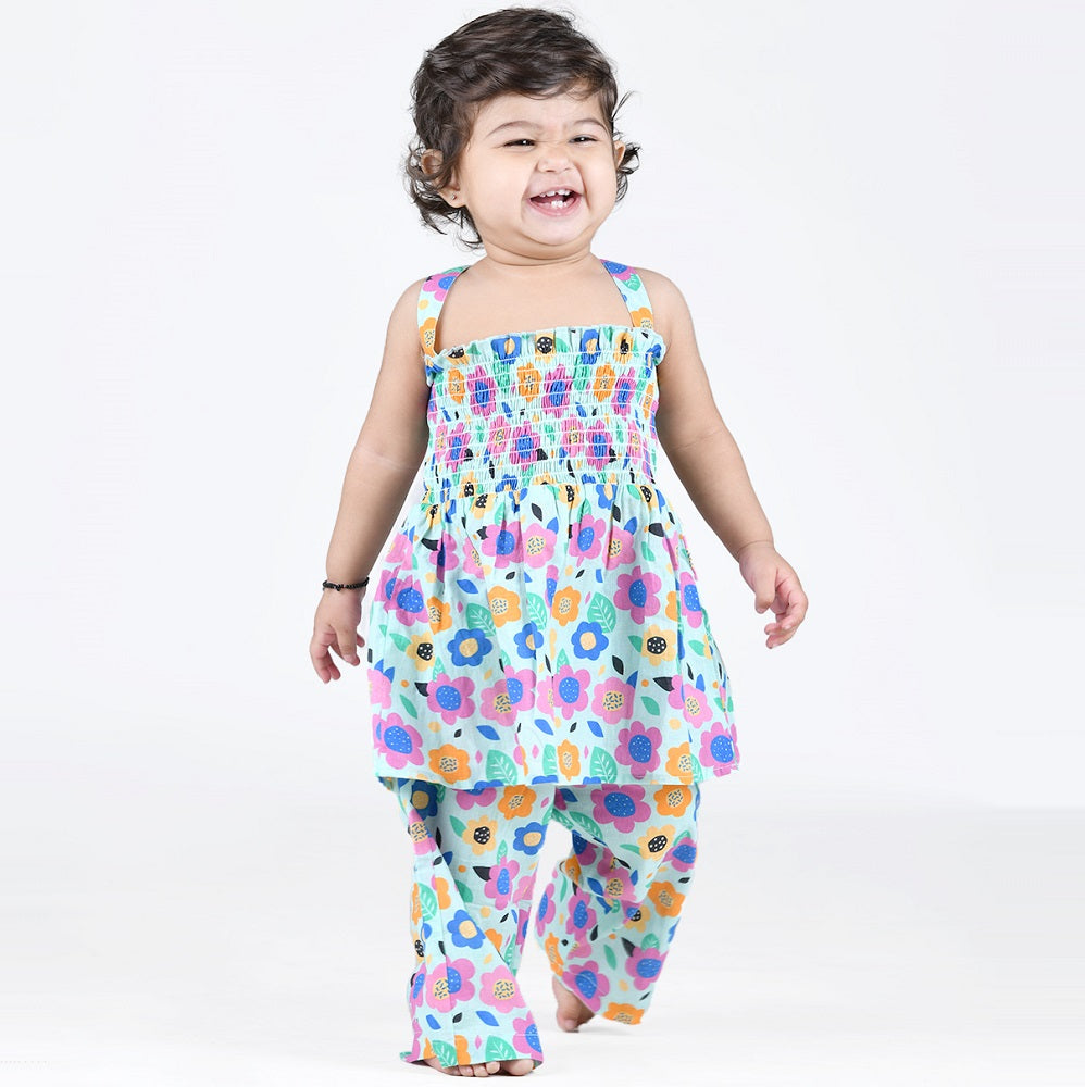 Smocked Kurta Top with Wide Pants in Bright Floral