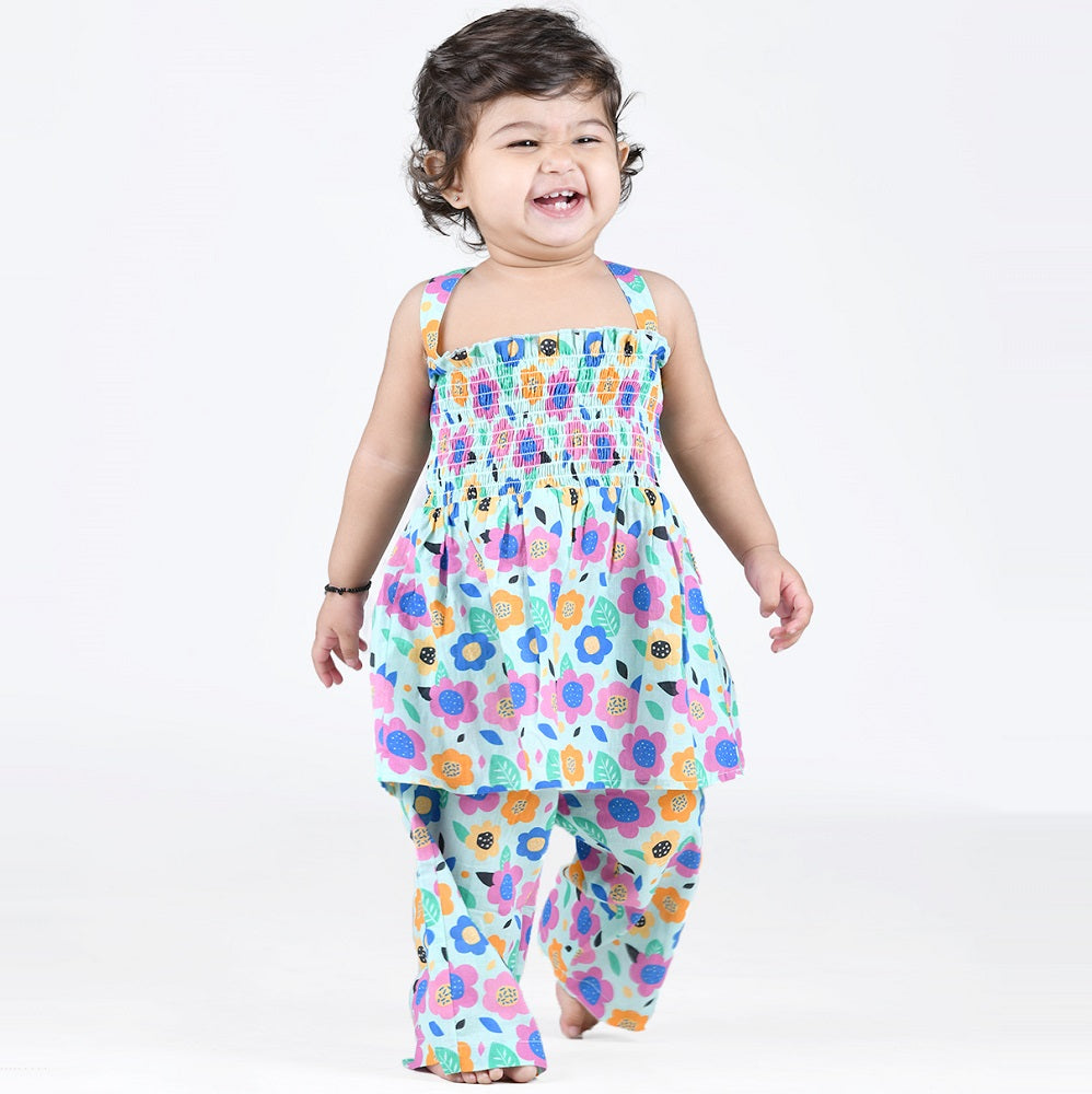 Smocked Kurta with Wide Pants in Bright Floral