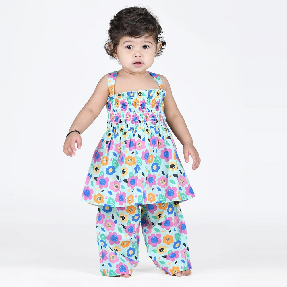 Smocked Kurta with Wide Pants in Bright Floral