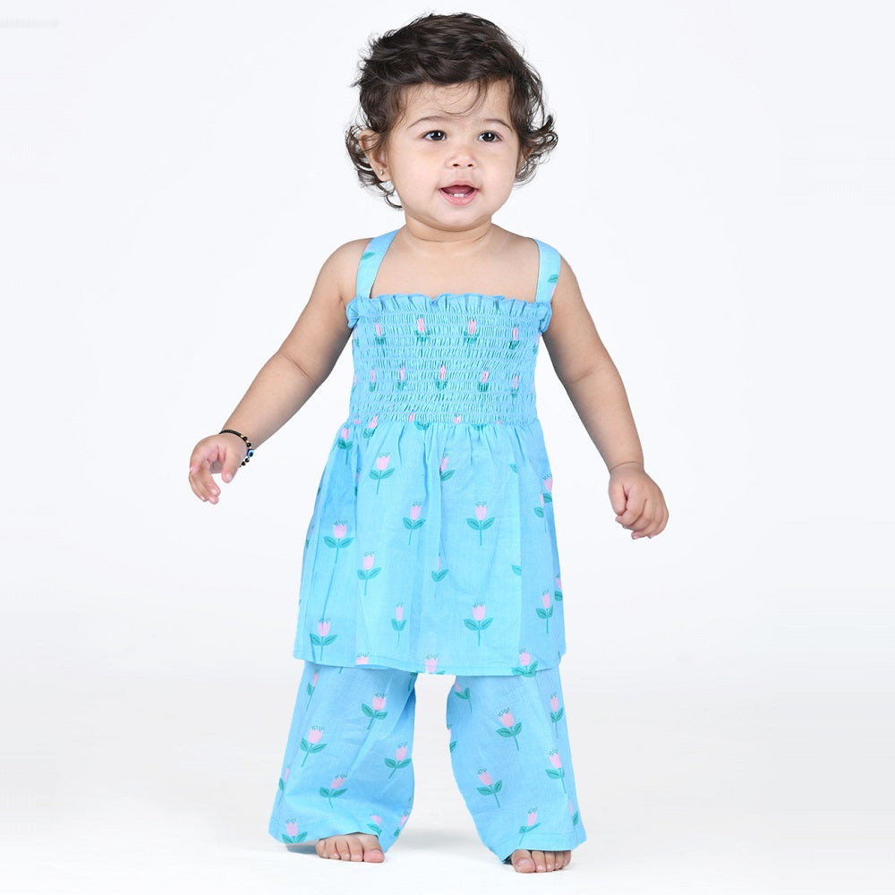 Smocked Kurta Top with Wide Pants in Pretty Flowers