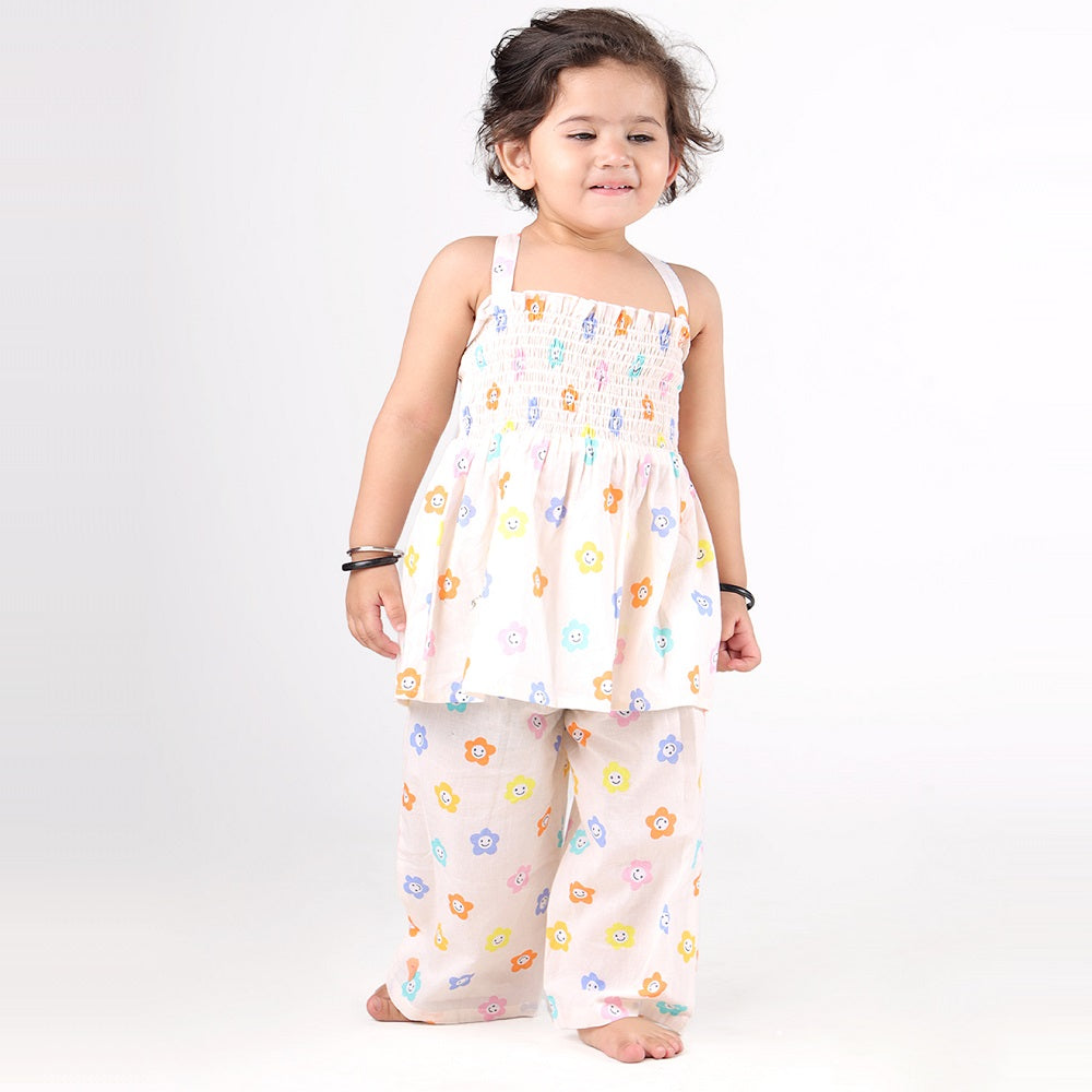 Smocked Kurta Top with Wide Pants in Smiling Flowers