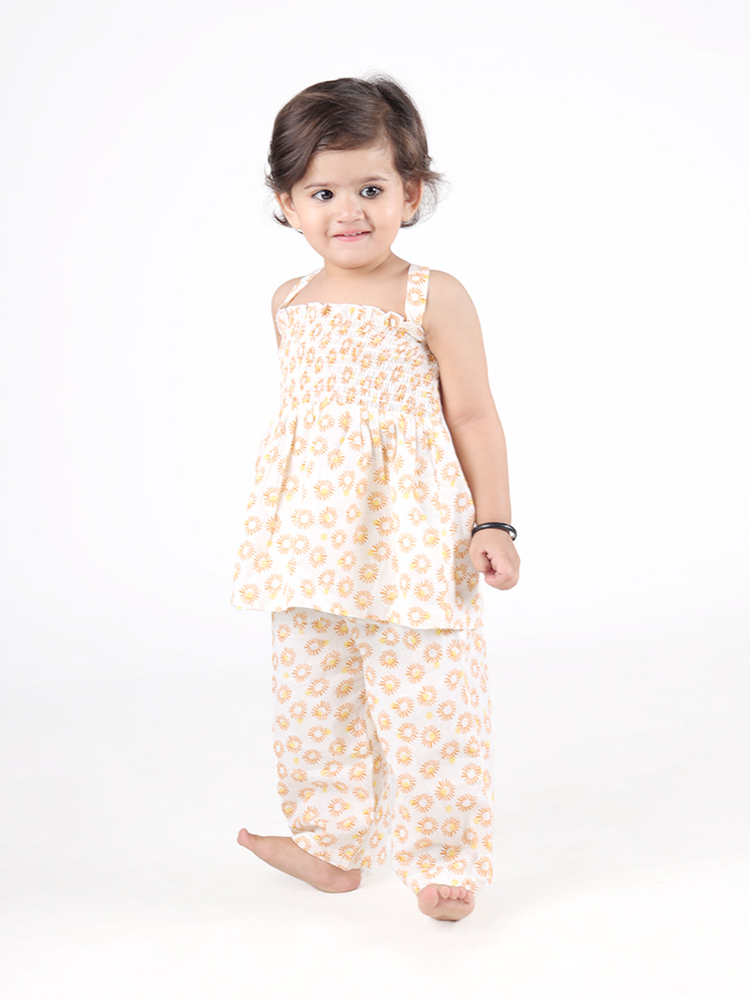 Smocked Kurta with Wide Pants in Sunflower Print