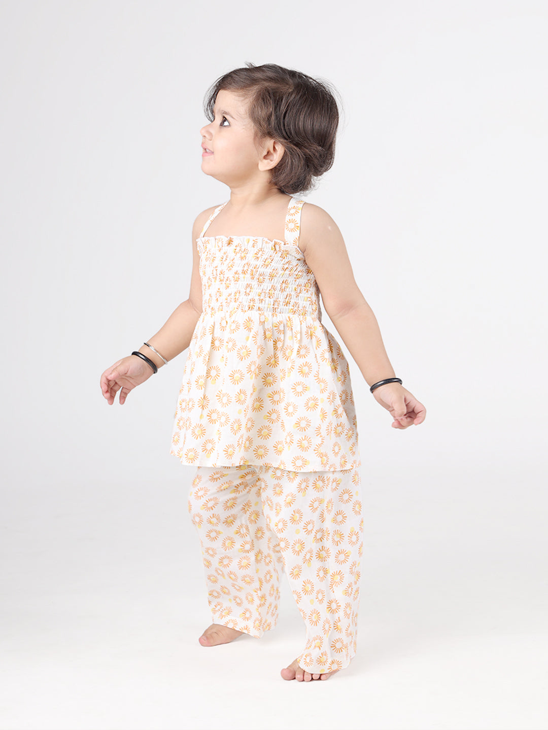 Smocked Kurta Top with Wide Pants in Sunflower Print