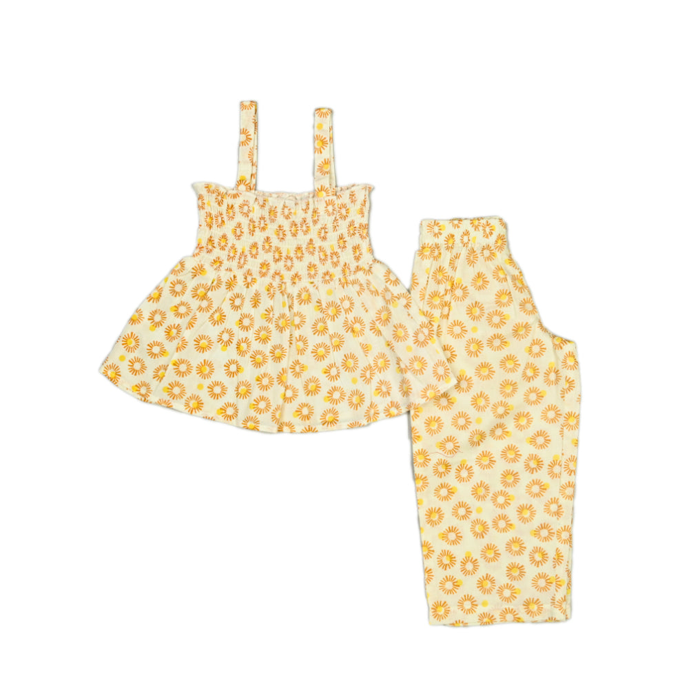 Smocked Kurta with Wide Pants in Sunflower Print