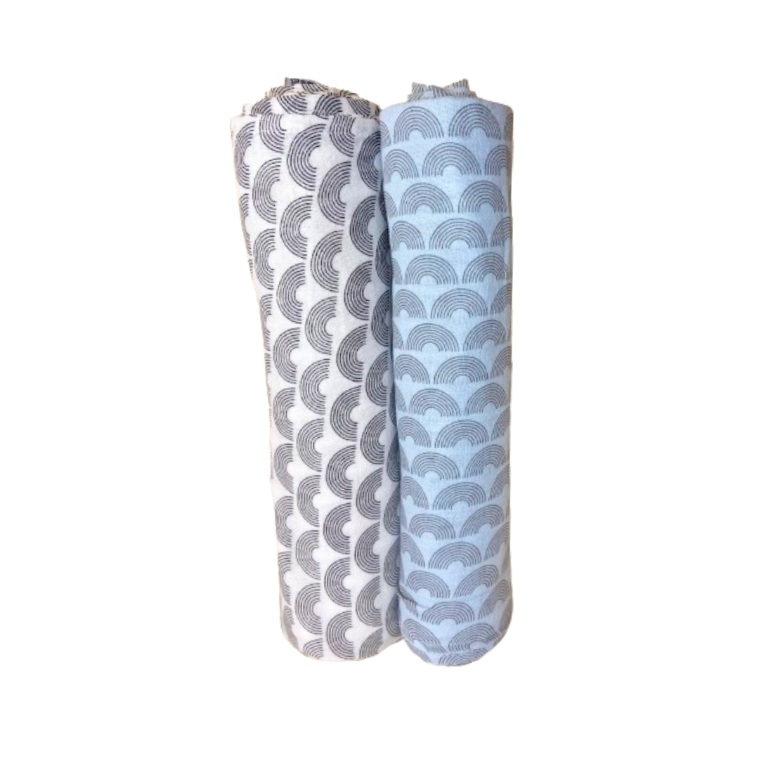 Combo of Inlove Waves &amp; Sommer Black &amp; White and Inlove Waves &amp; Somber Blue Muslin Swaddle