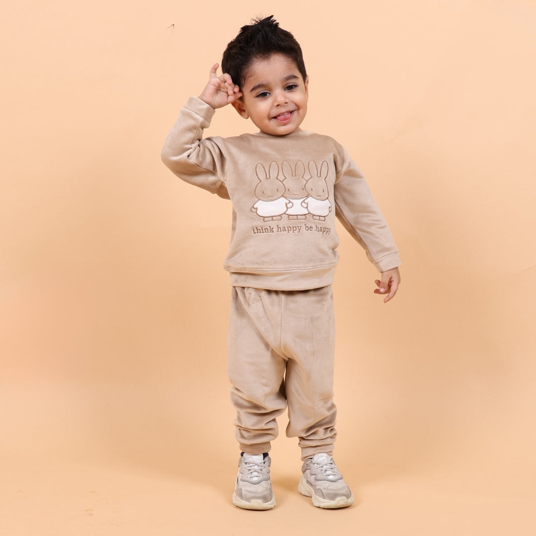 Think Happy Be Happy Winter Velvet Co-Ord Set - Fawn