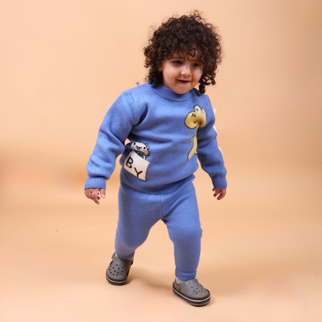 Cute Dino Knitted Winter Co-Ord Set- Blue