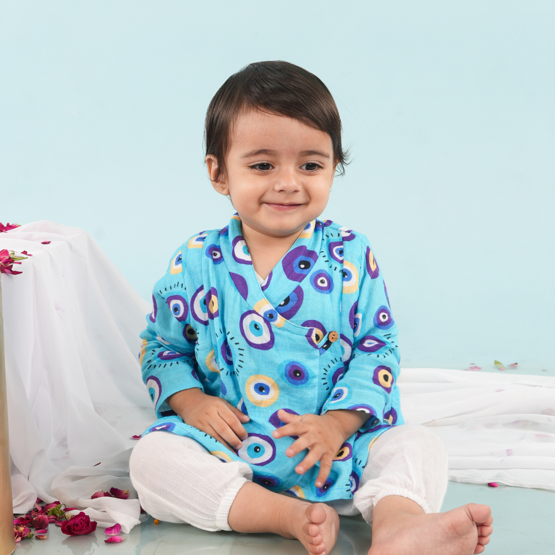 Evil Eye Blue Muslin Angrakha Set