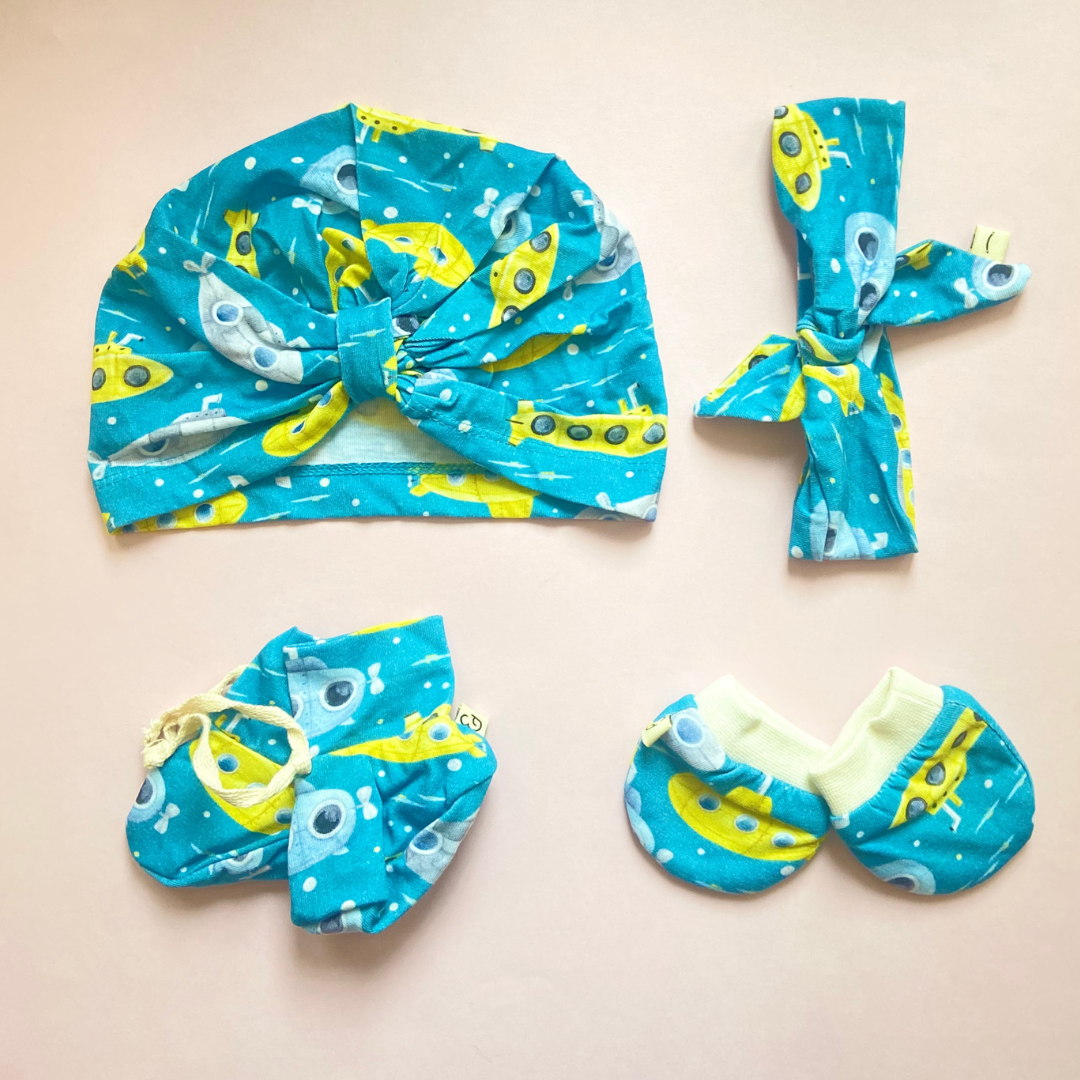 Bundle of Up Periscope Booties, Turban Hat, Headband & No-scratch Mittens