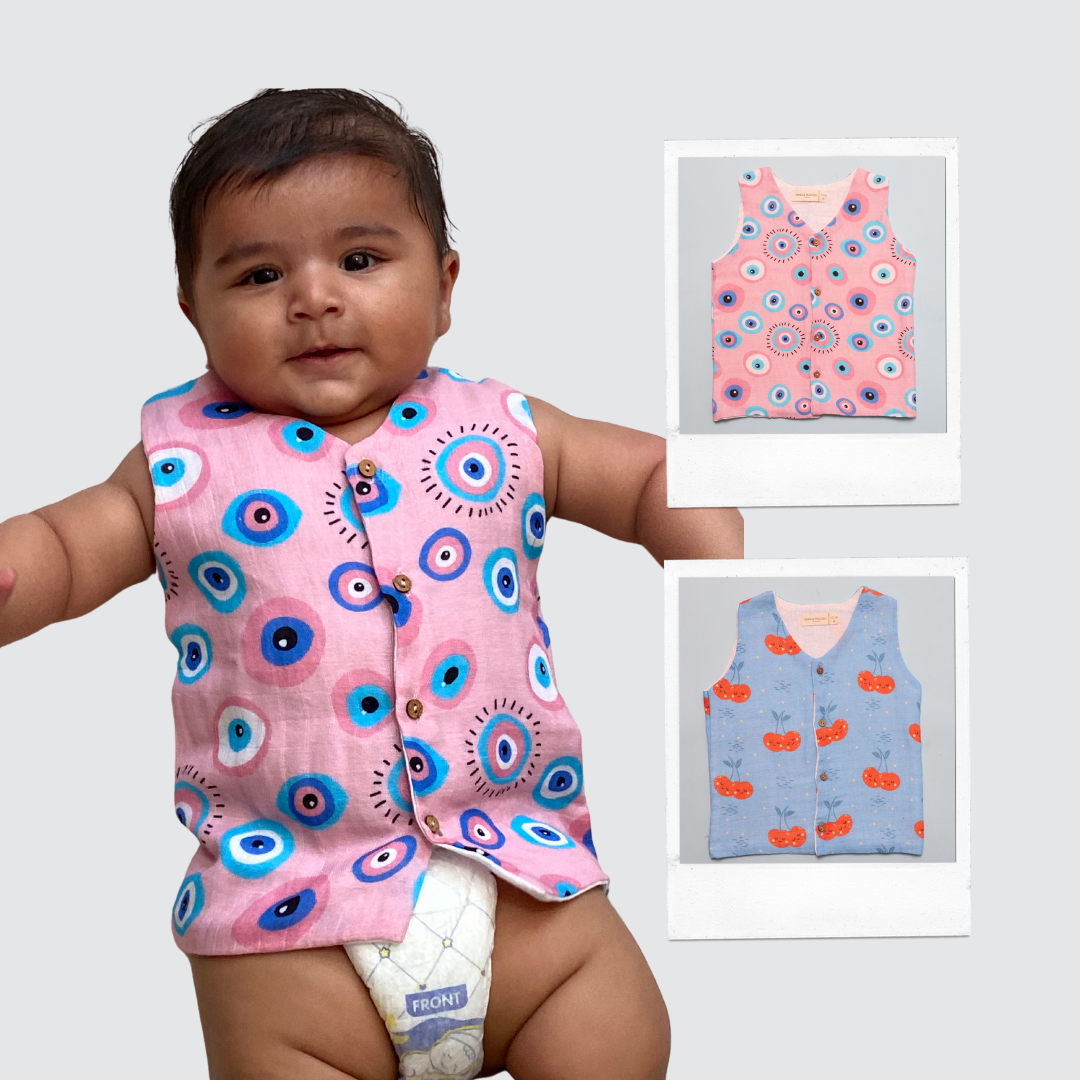 Muslin Vest 2pc Combo - Pink Evil Eye & Cheeryful