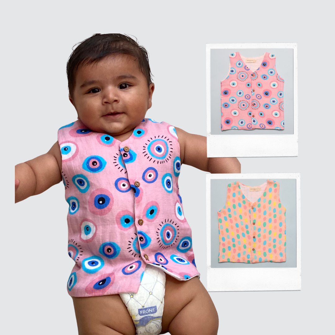 Muslin Vest 2pc Combo - Pink Evil Eye &amp; Colourful Polka