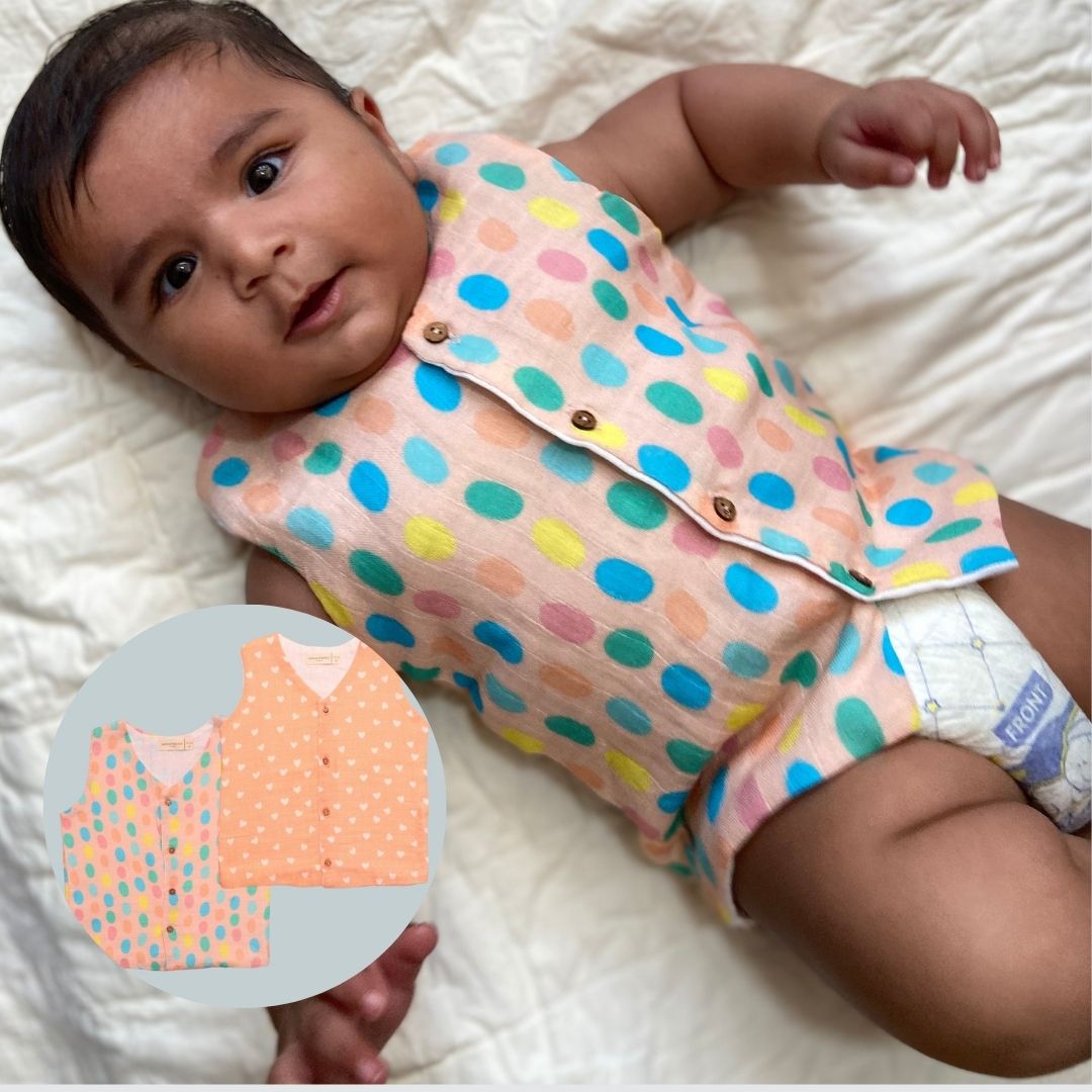 Muslin Vest 2pc Combo - Hearts & Colourful Polka